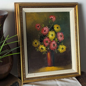 Vintage Moody Cottage Floral Oil Painting Mid-Century Still Life in Gilt Frame